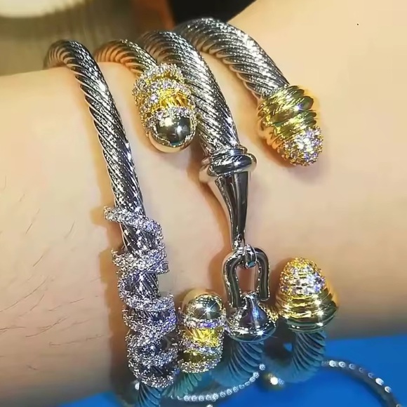 Elegant Twisted Cable Stainless Steel Cuff Bracelet with Zircon Ends - Picture 3 of 8